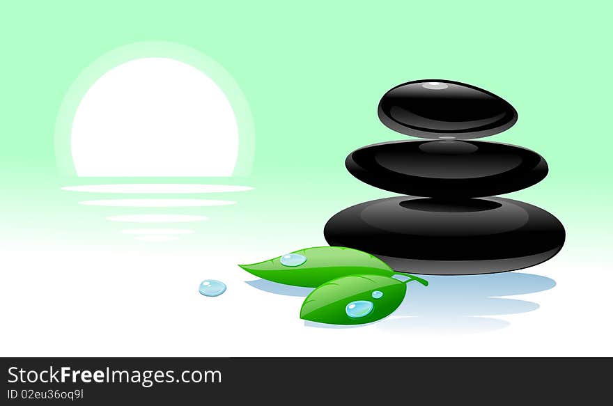 Three black pebbles with green leafs. Three black pebbles with green leafs