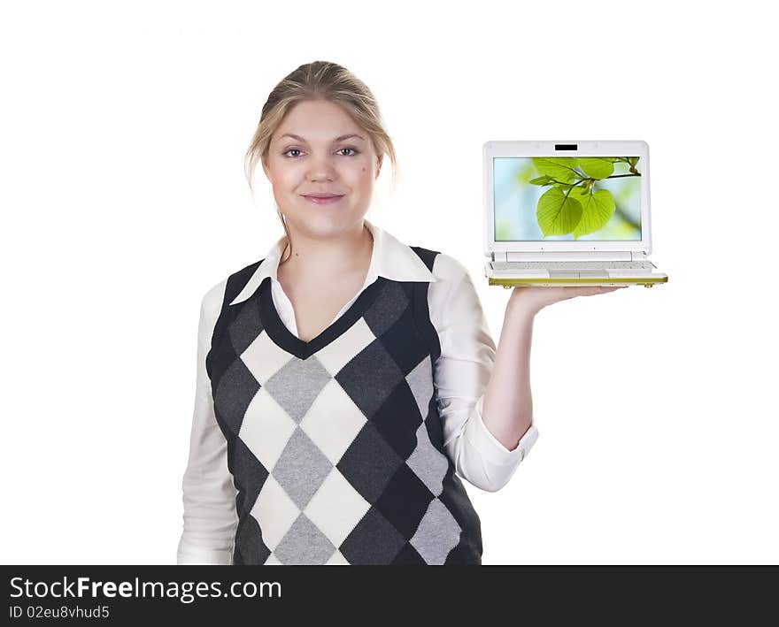 Attractive blond business woman isolated on a white background with laptop