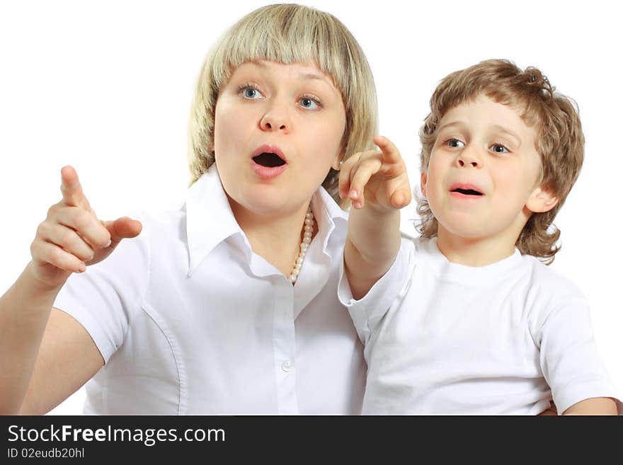 Woman and boy eating apple