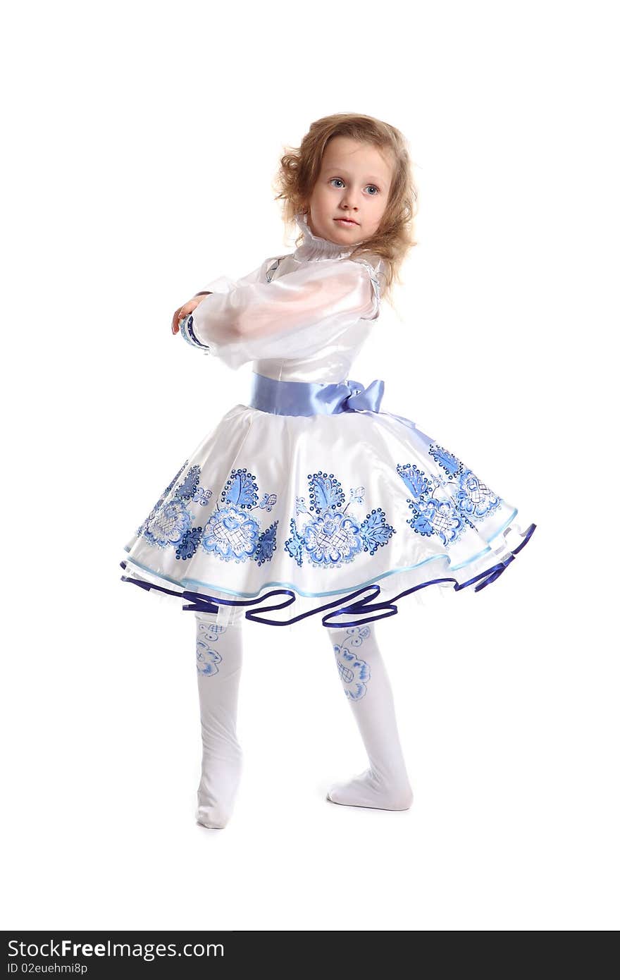 The young beautiful girl in a blue dress on white background