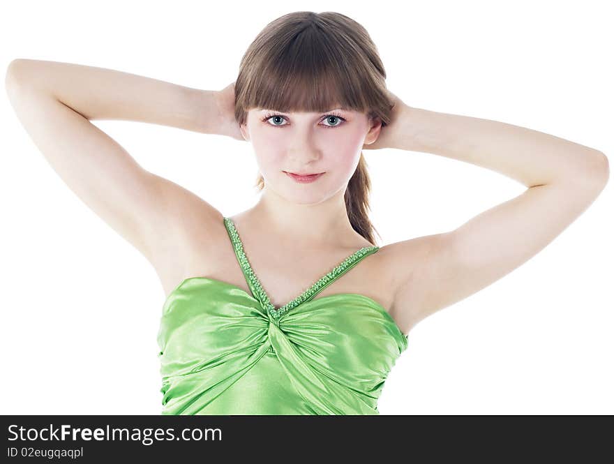 Lovely young green-eyes lady posing over white background