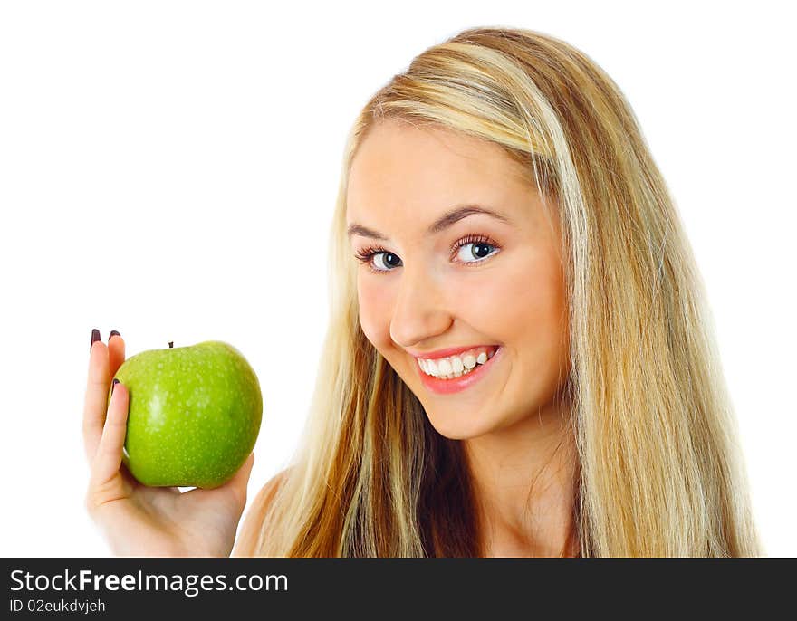 Pretty young woman with green apple.