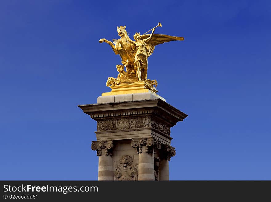 The sculpture in on the Pont Alexandre 3,Paris,France. The sculpture in on the Pont Alexandre 3,Paris,France