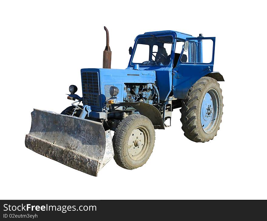 Old blue vintage tractor isolated over white background