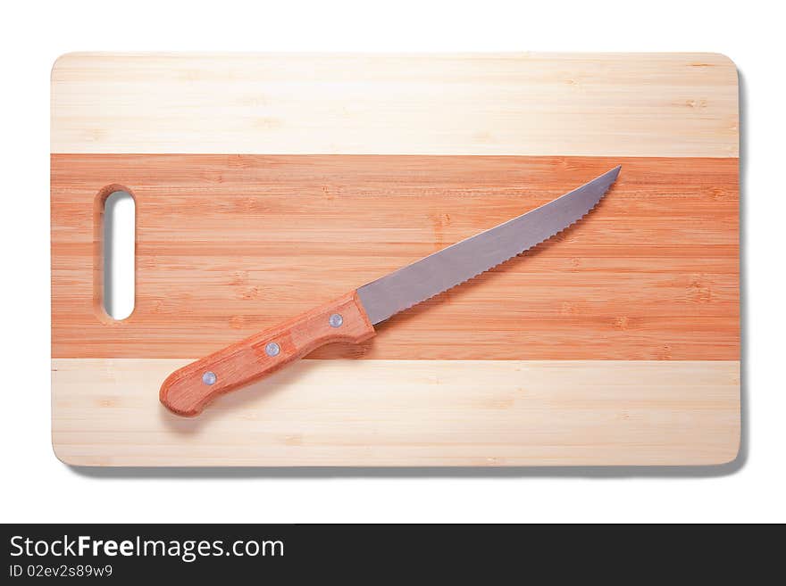 One knife with wooden handle over cutting board, isolated on white background. One knife with wooden handle over cutting board, isolated on white background