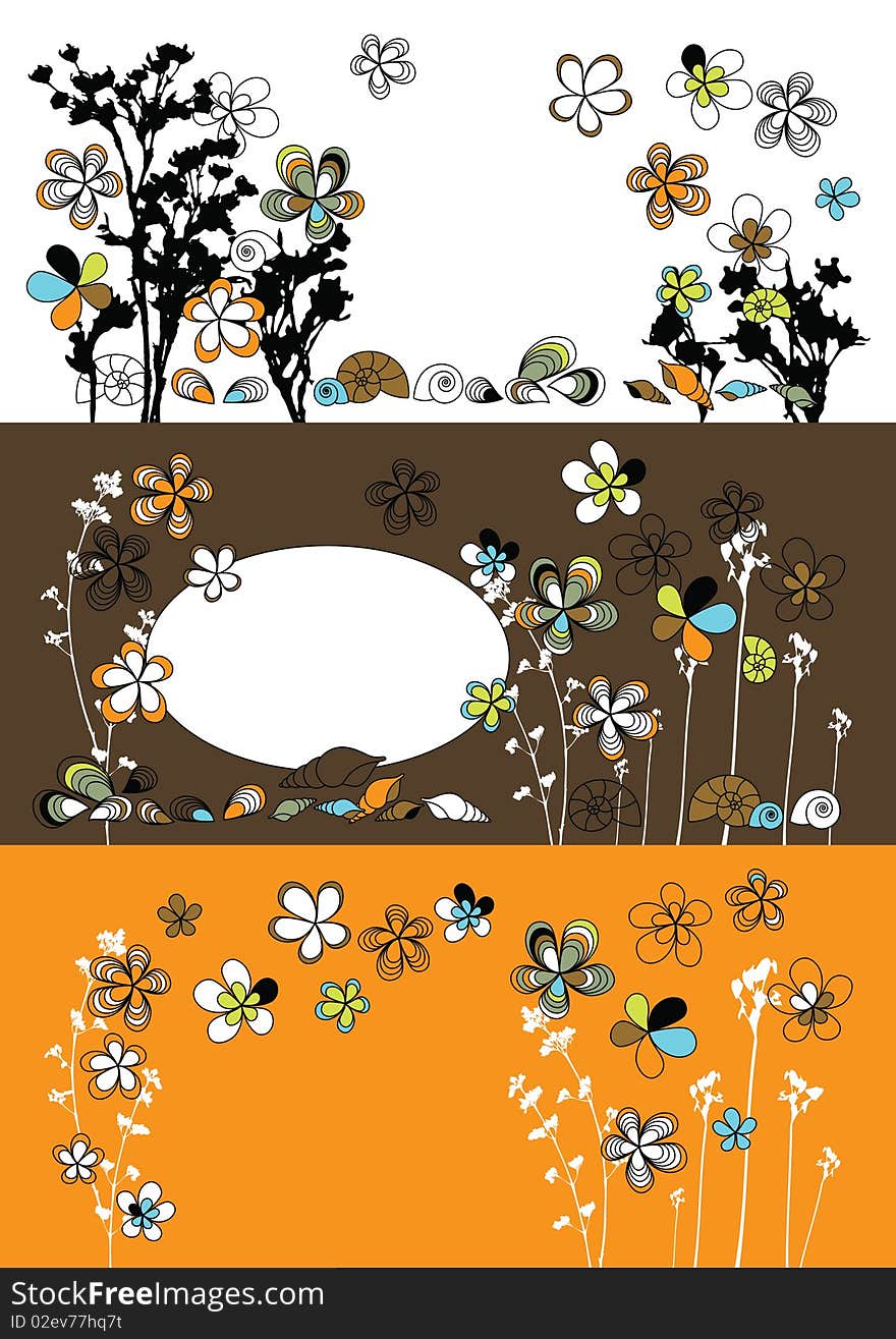 Graphic set with flowers drawing and shells