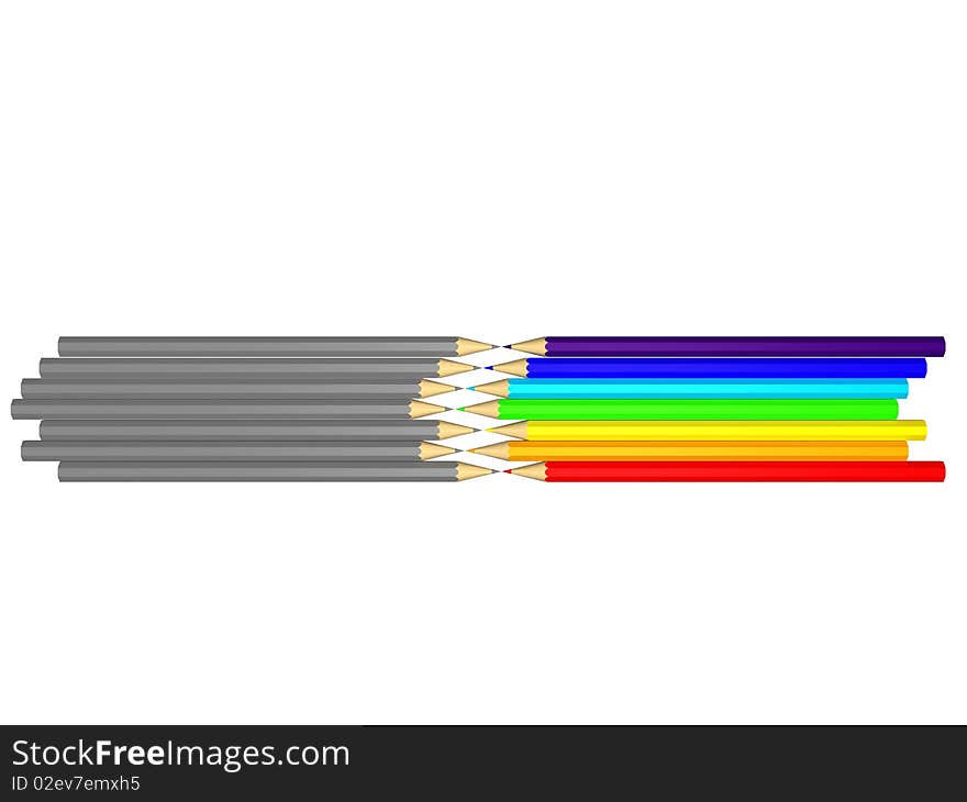 Colored pencils lie on a white background on against the gray pencil