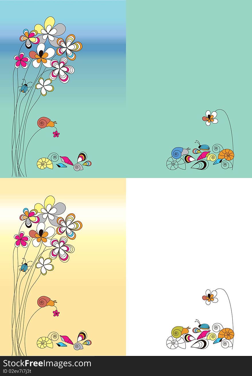 Graphic set with flowers and shells