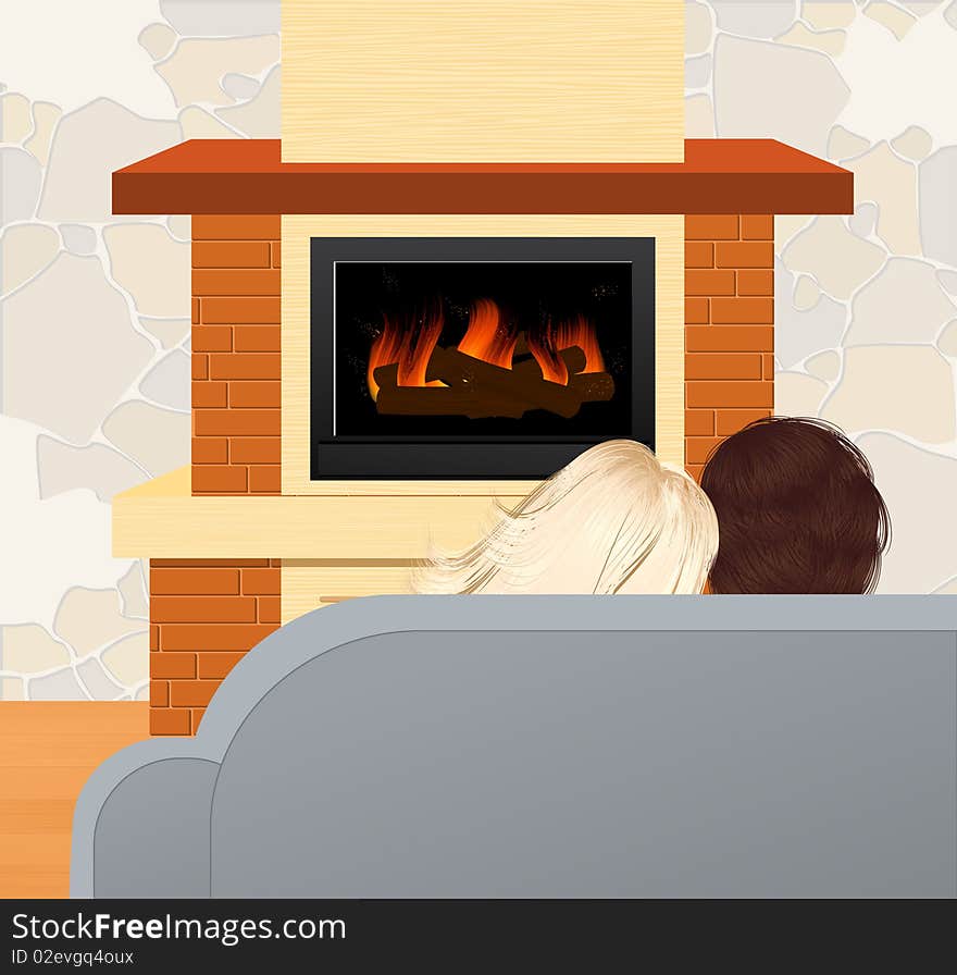 Couple sitting in front of fireplace