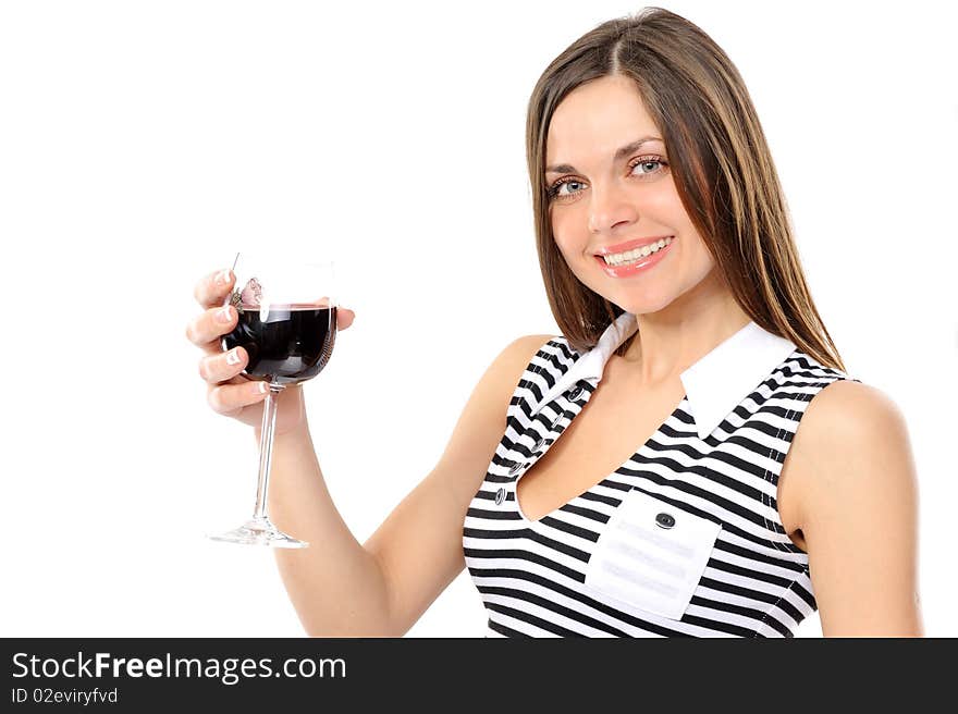 Portrait of beautiful woman with glass red wine,On a white background