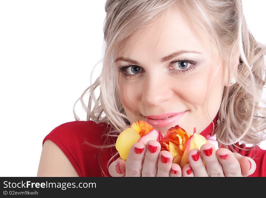 Glamour model with rose on white background