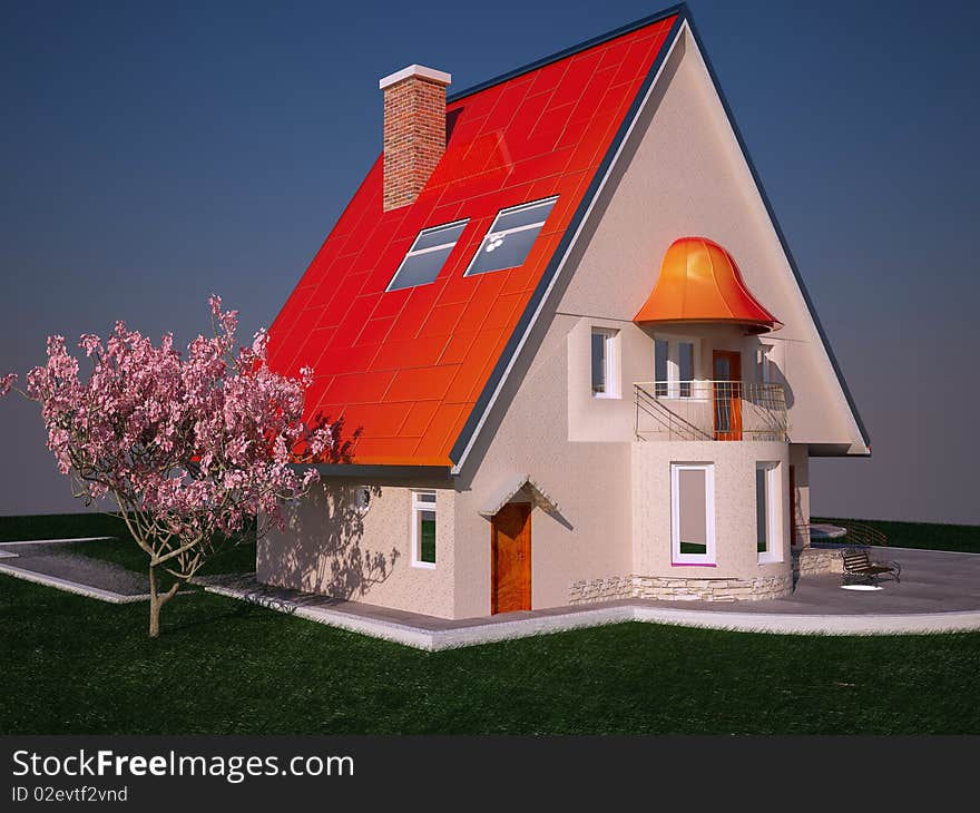 Modern cottage on a background of green grass