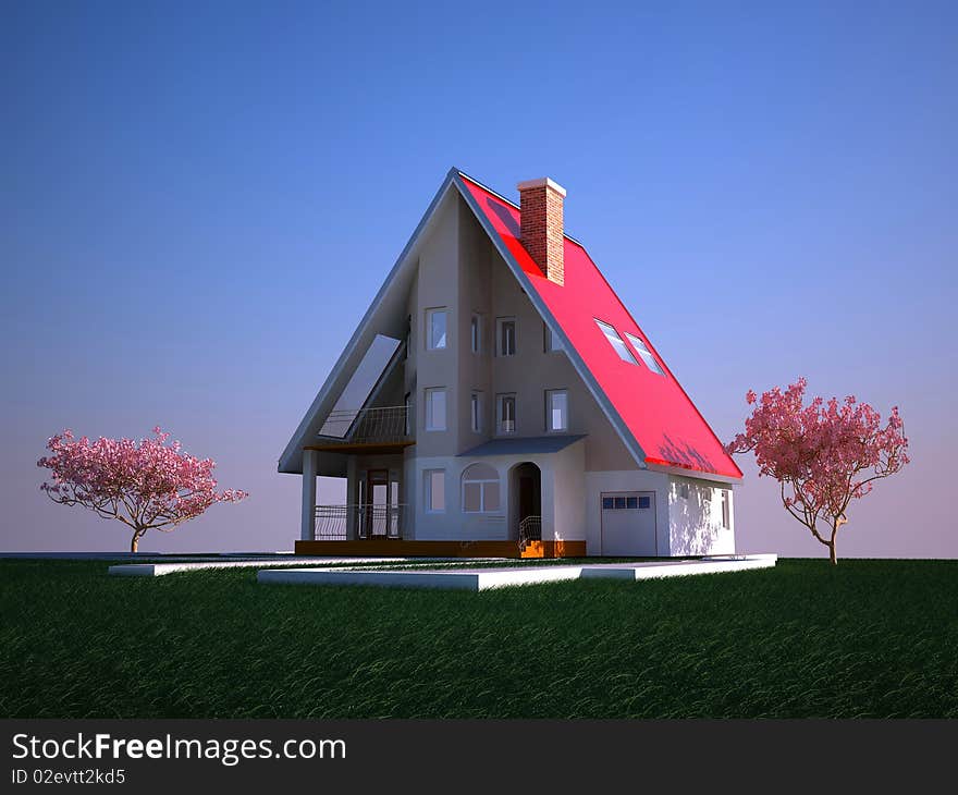 Modern cottage on a background of green grass