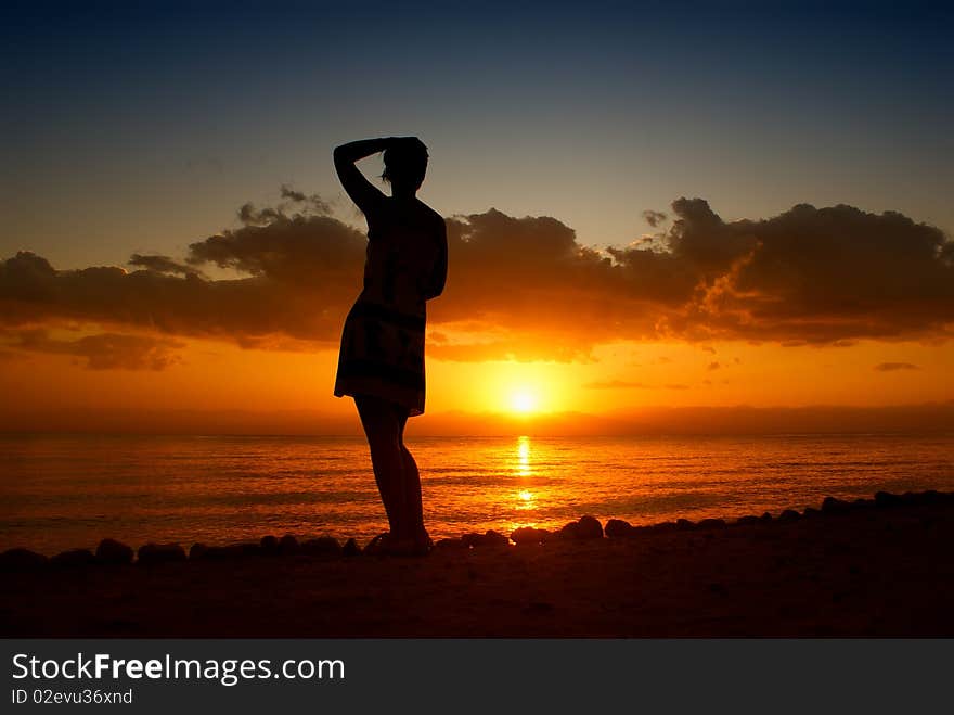 Silhouette the woman on a background of the sea. Silhouette the woman on a background of the sea