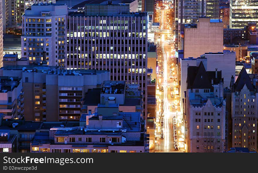 A birdseye view of beautifully lit downtown in Montreal. A birdseye view of beautifully lit downtown in Montreal