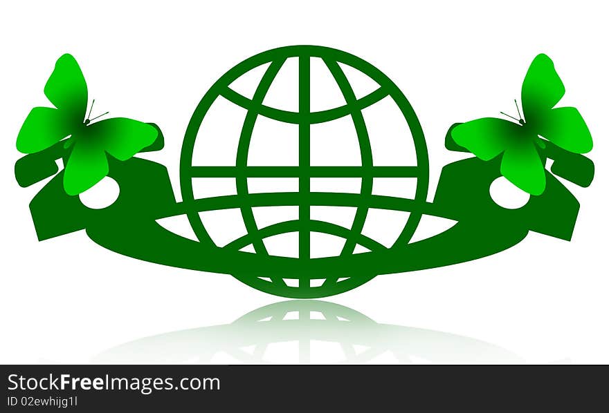 Green global communication emblem with globe symbol, telephones and butterflies isolated over white background. Green global communication emblem with globe symbol, telephones and butterflies isolated over white background