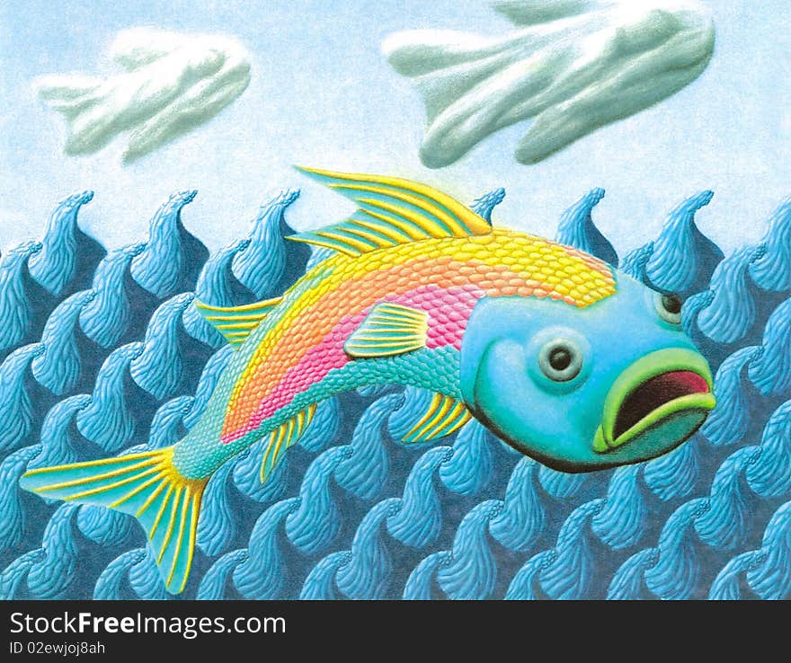 A colorful fish bounding over stylized tile waves. A colorful fish bounding over stylized tile waves