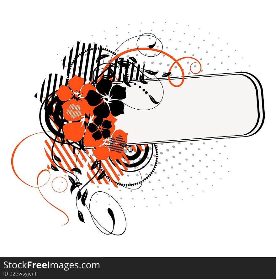 Red banner with flowers over white. Vector illustration