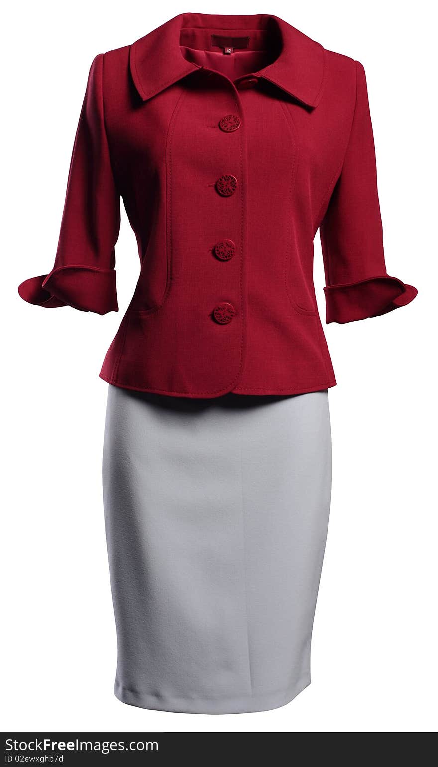 Red jacket and grey skirt on a white