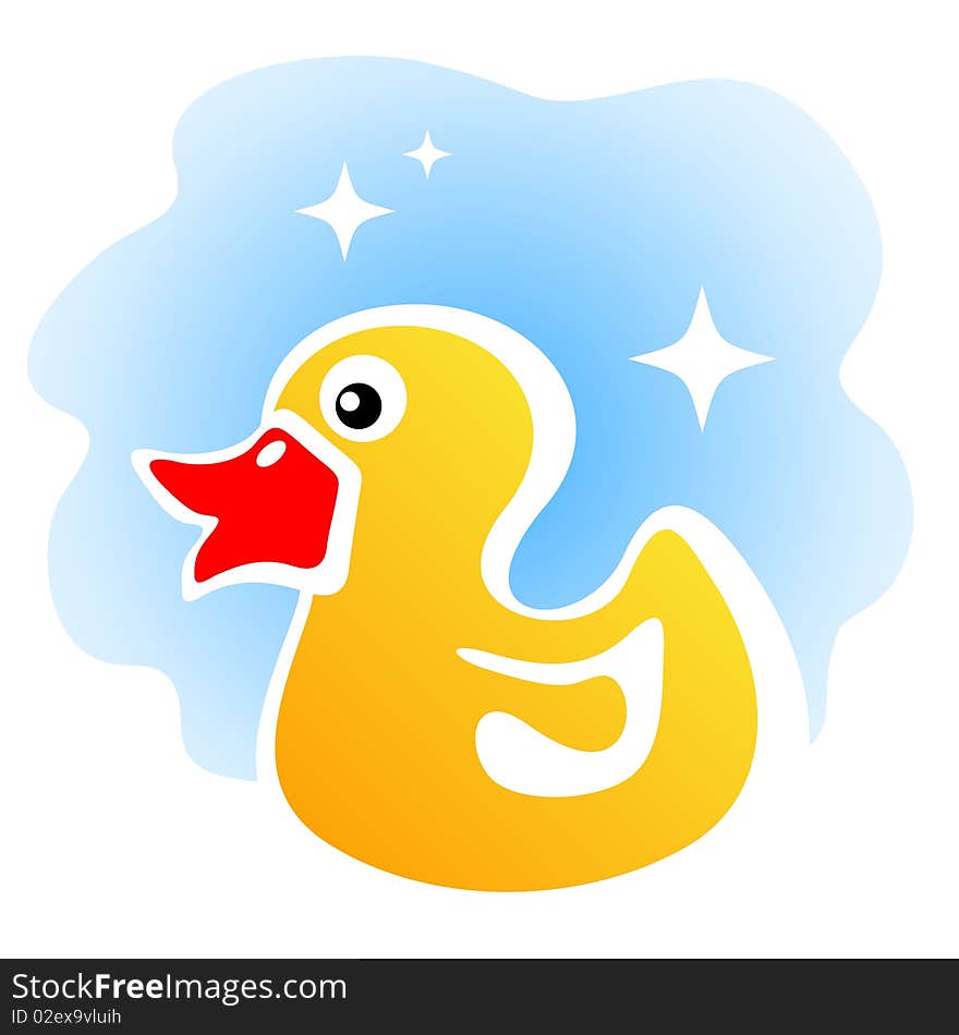 Cartoon yellow duck on a blue background.