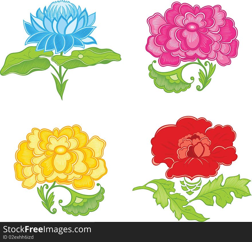 Four color decorative beautiful flowers. Four color decorative beautiful flowers