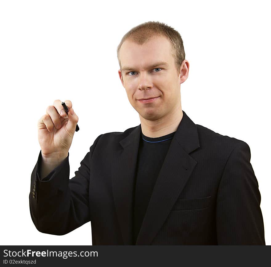 Young business man with pen, on white background. Young business man with pen, on white background