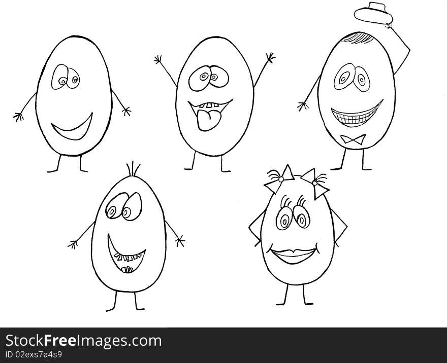 Funny easter eggs on white background, pencil drawing