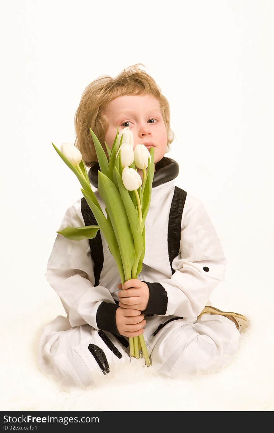 Astronaut Boy Holding A Bouquet