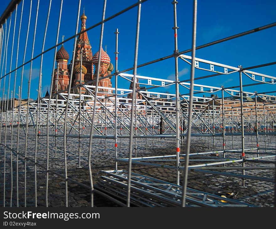 Cityscape. Country Russia. City of Moscow. Church of St. Basil fenced with metal structures. Cityscape. Country Russia. City of Moscow. Church of St. Basil fenced with metal structures.