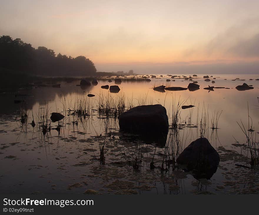 Evening landscape by the sea bay