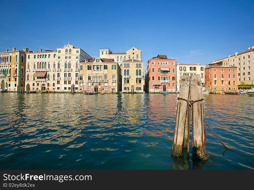 View of Venetian townhouses from across the water, venice, italy