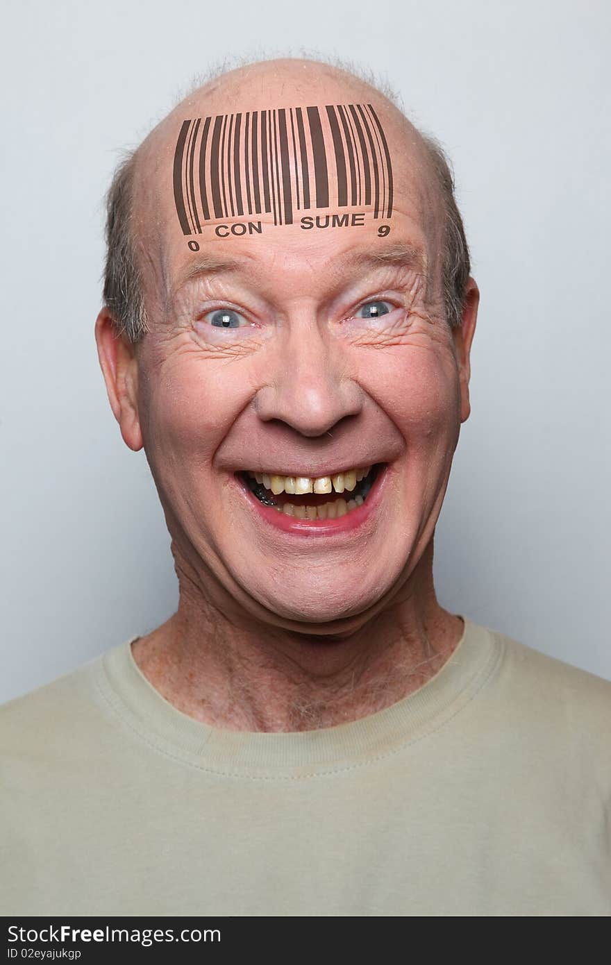Idiotic consumer with a bar code on his forehead. Idiotic consumer with a bar code on his forehead