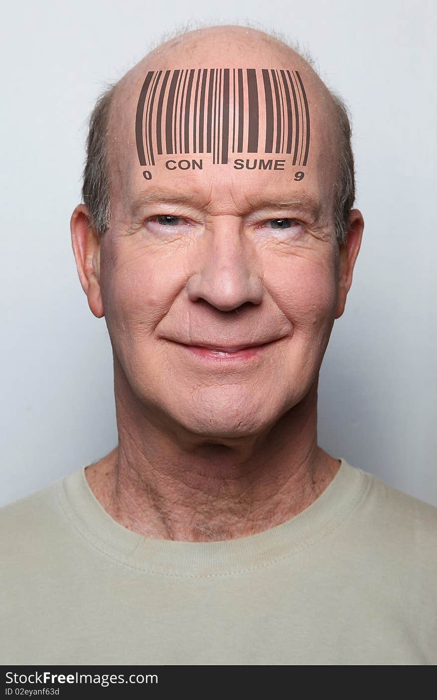 Happy and ignorant consumer with a bar code on his forehead. Happy and ignorant consumer with a bar code on his forehead