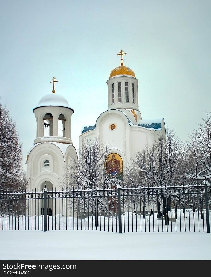 Orthodox cathedral covered by hoarfrost in Saint-Petersburg. Orthodox cathedral covered by hoarfrost in Saint-Petersburg