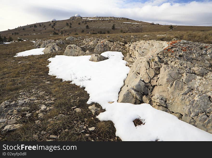 View of last snow mountains and meadows