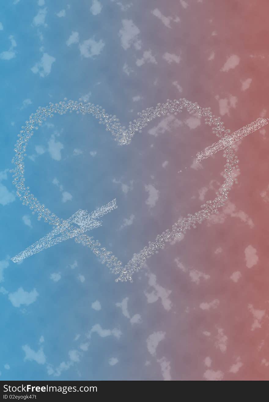 Water drops heart with arrow on red and blue background meaning love