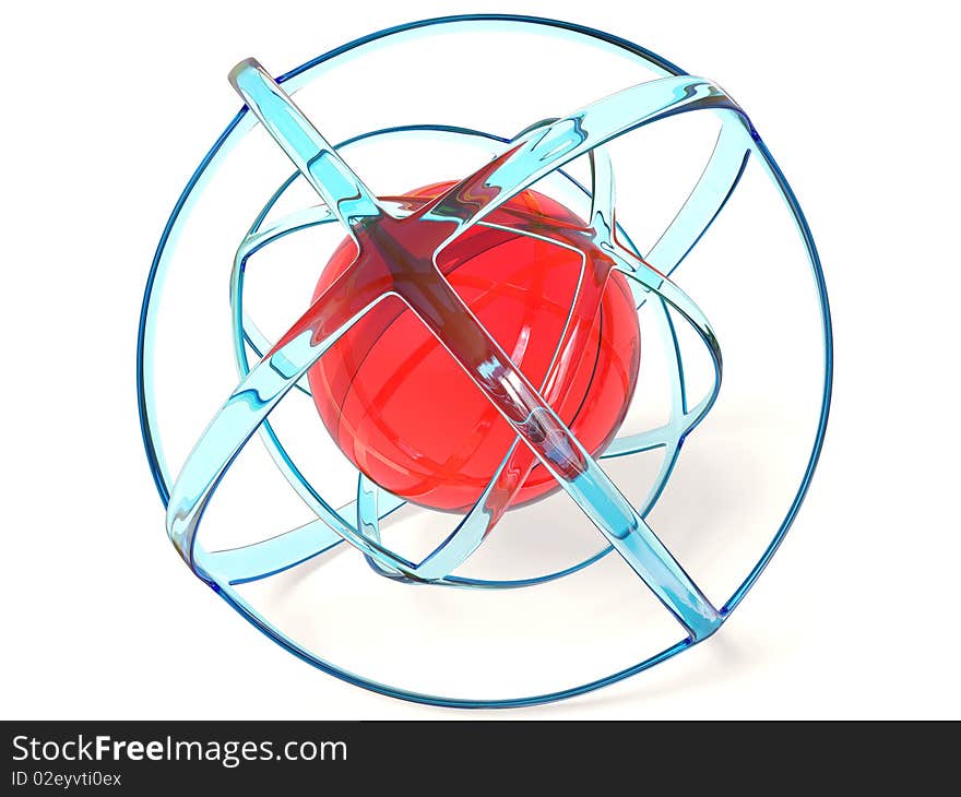 Red sphere in blue curve on white