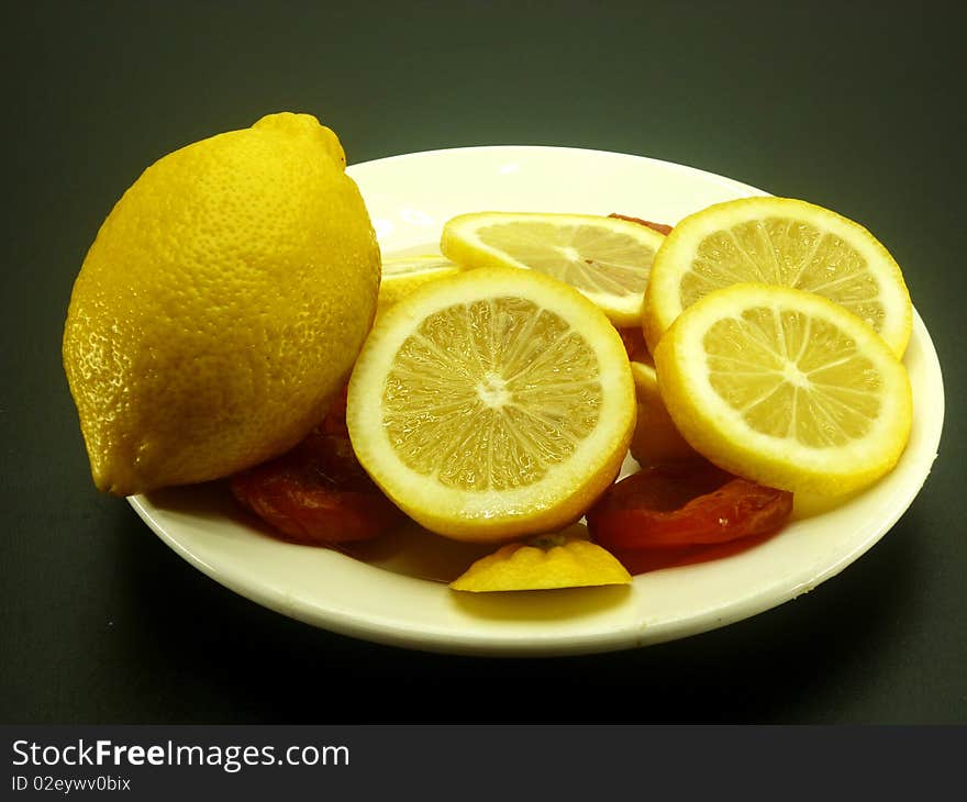 Juicy fragrant lemons, apricot, banana for fruit salad. Juicy fragrant lemons, apricot, banana for fruit salad