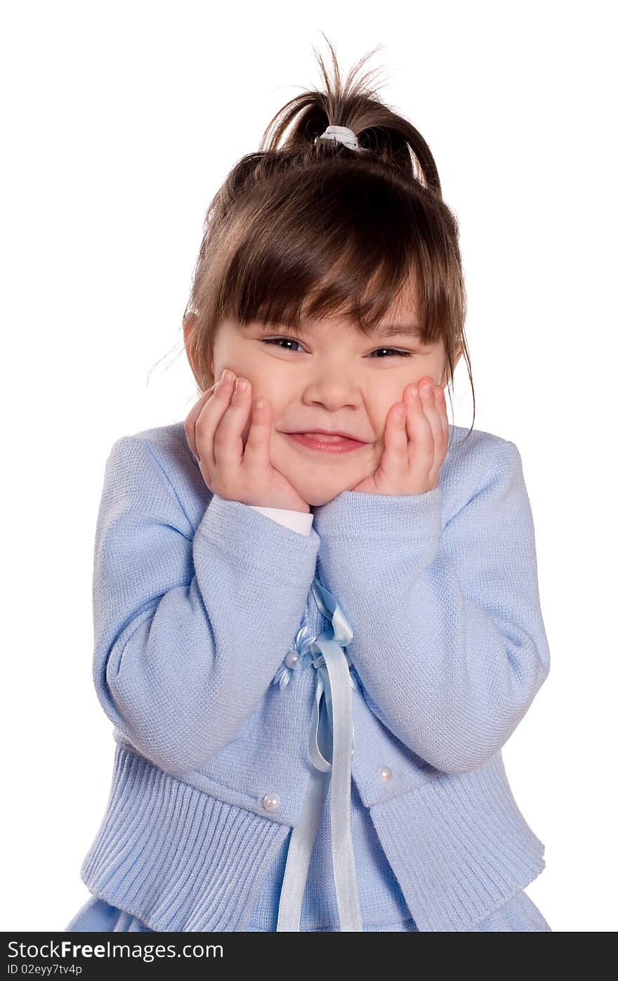 Happy little girl. Funny child isolated on white background. Beautiful caucasian model.