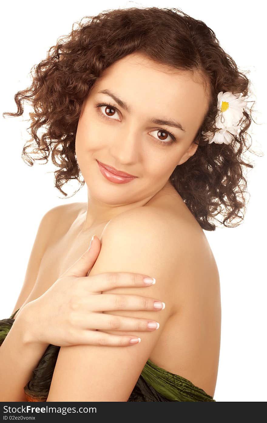 Beautiful woman with camomile flower on white background