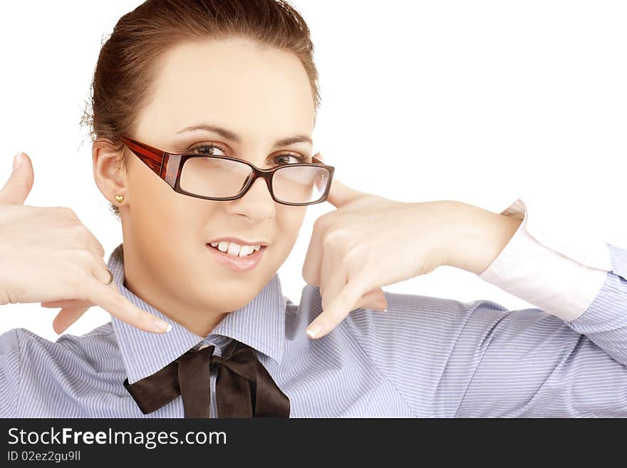 Beautiful young girl shows gestures two telephones. Beautiful young girl shows gestures two telephones