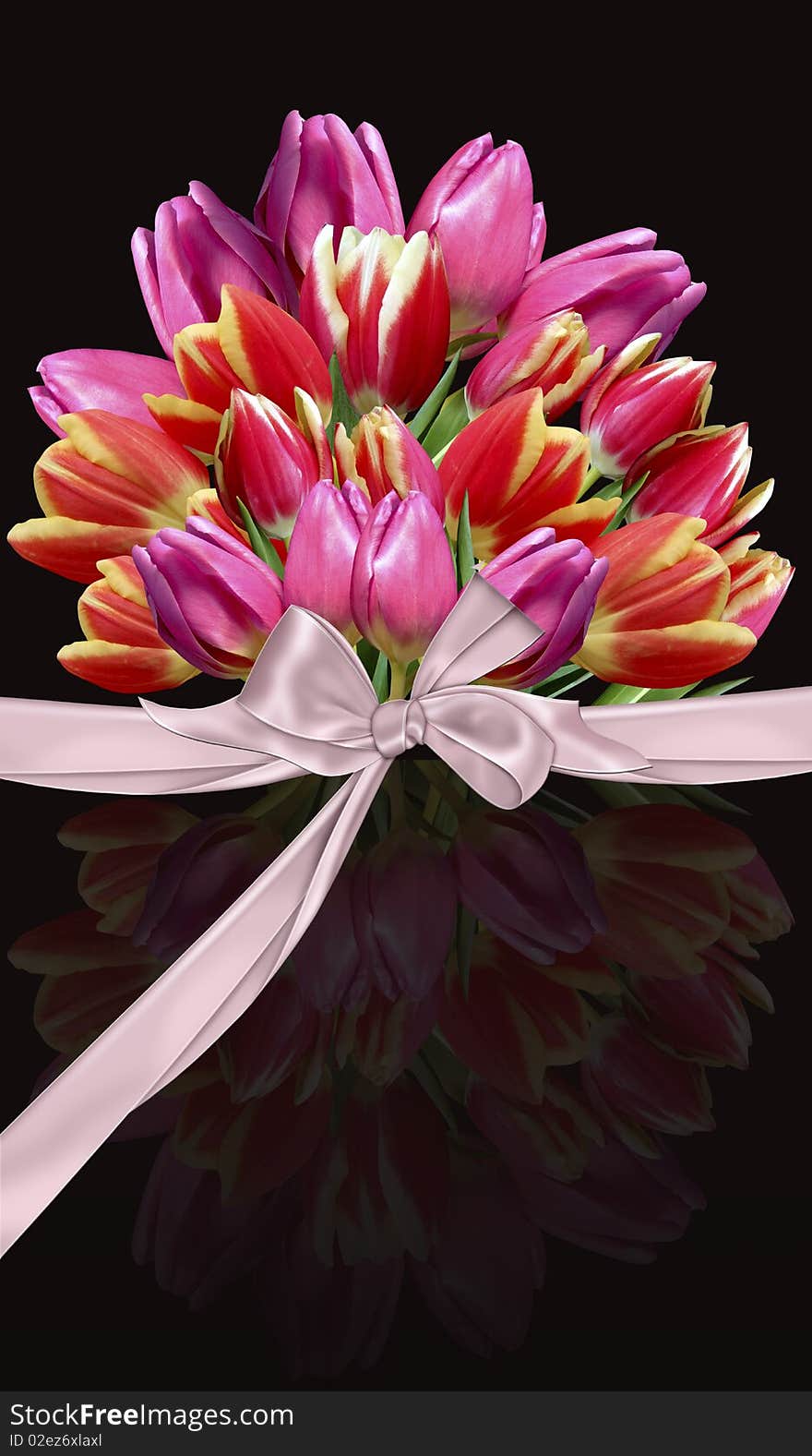 Bunch of spring tulips with bow and reflection isolated on black background in vector format. Bunch of spring tulips with bow and reflection isolated on black background in vector format