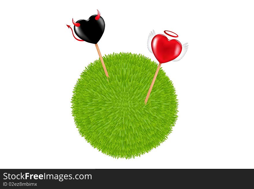 Two lollipops with heart shape like a devil and angel in a Ball of Green Grass. Two lollipops with heart shape like a devil and angel in a Ball of Green Grass