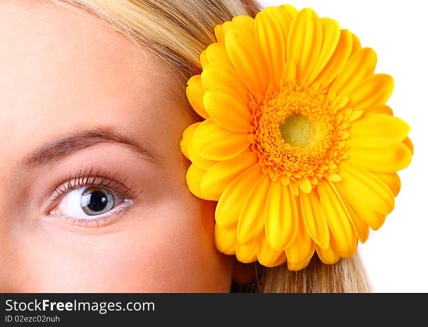 Eye woman and flower. Isolated on white background