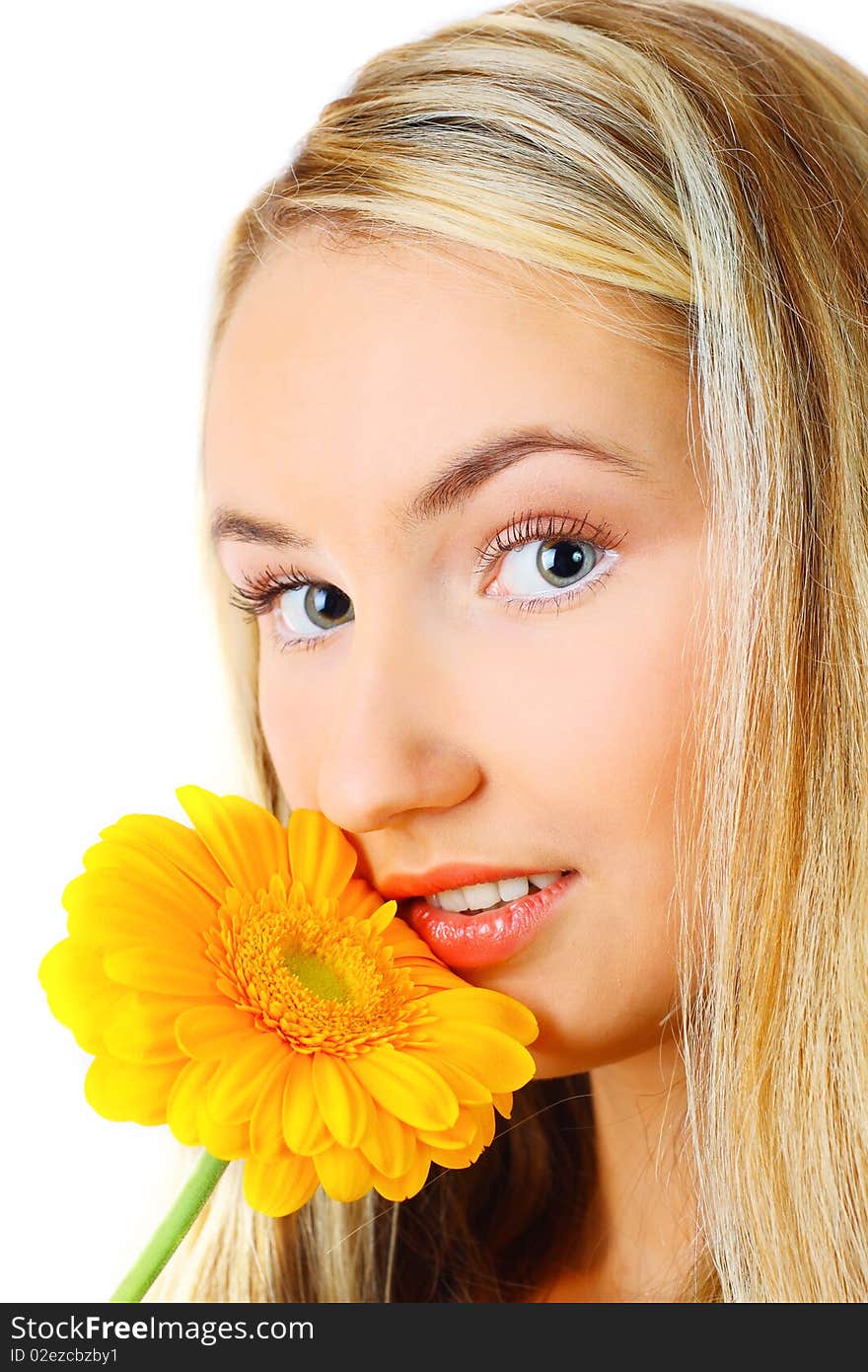 Sensual portrait of beautiful young blond woman with flower. Isolated on white background. Sensual portrait of beautiful young blond woman with flower. Isolated on white background