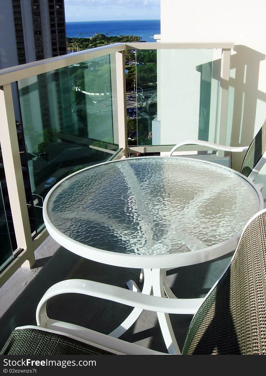 A view of the hotel  balcony table and chair in Hawaii. A view of the hotel  balcony table and chair in Hawaii.