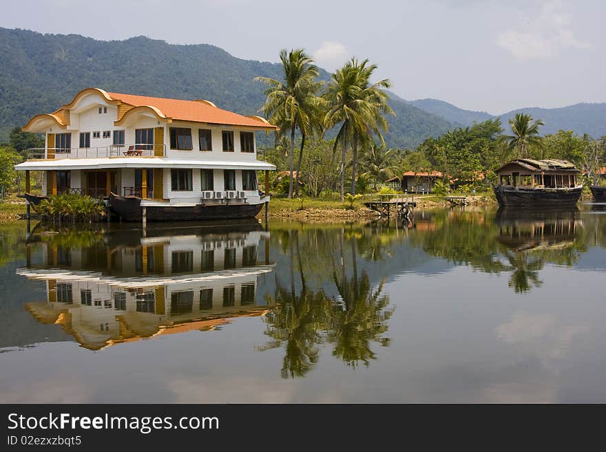 Tropical hotel on the background of mountains in Thailand