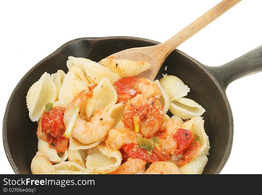 Prawns and pasta in a pan