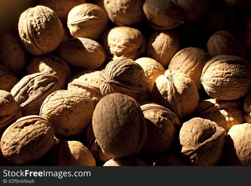 A lot of walnuts in the rays of sunlight. A lot of walnuts in the rays of sunlight