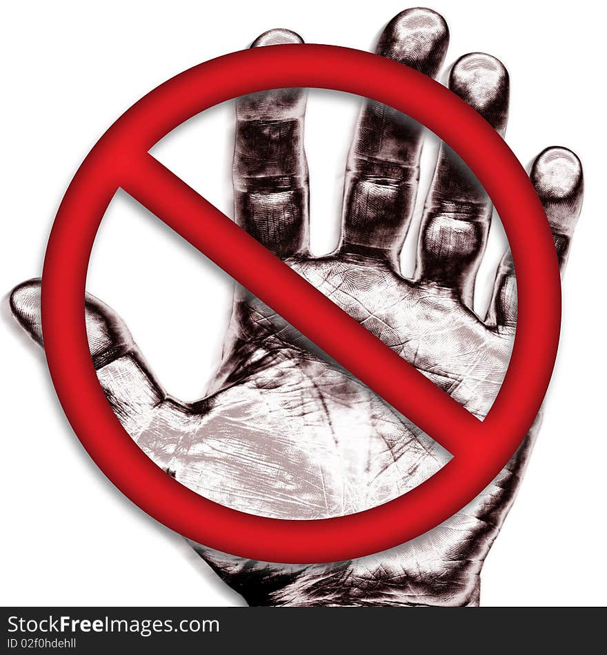 An image showing a no entry or no admittance red sign, on a white background, with a 3D effect in the symbol area, and with the palm of a human hand print held out behind it. An image showing a no entry or no admittance red sign, on a white background, with a 3D effect in the symbol area, and with the palm of a human hand print held out behind it.